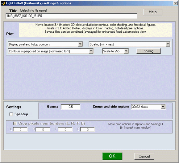 Imatest Studio- Light Falloff input dialog box