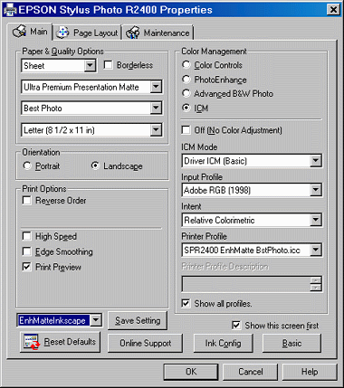 Epson R2400 Print dialog box